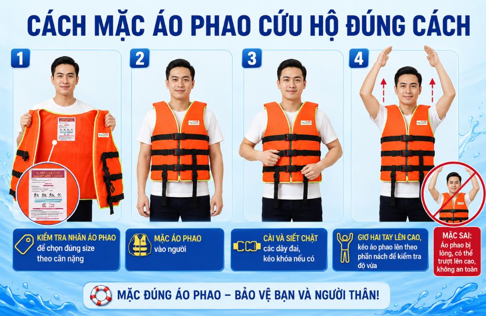 Cách mặc áo phao cứu hộ đúng cách với hệ thống dây đai chắc chắn