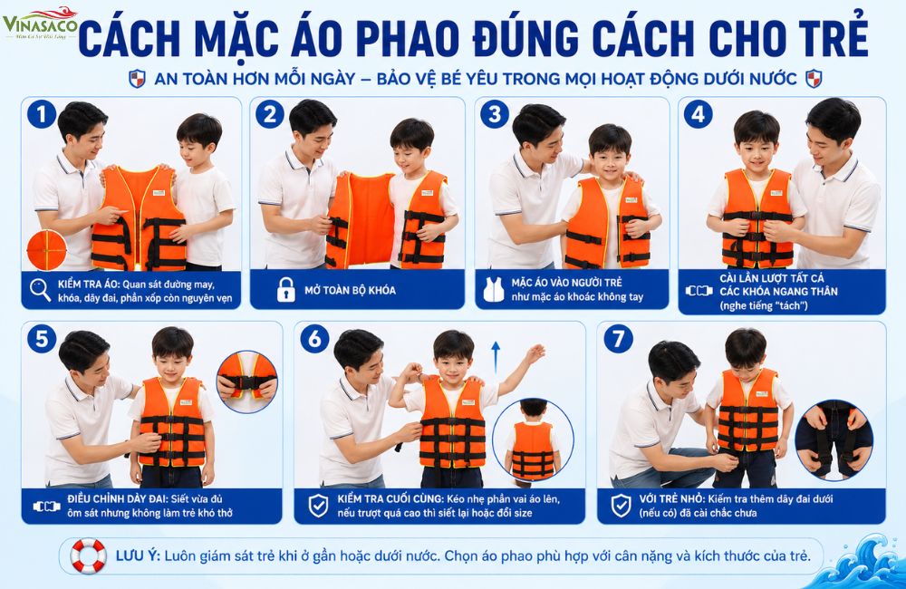 Hướng dẫn từng bước mặc áo phao cứu hộ đúng cách cho trẻ