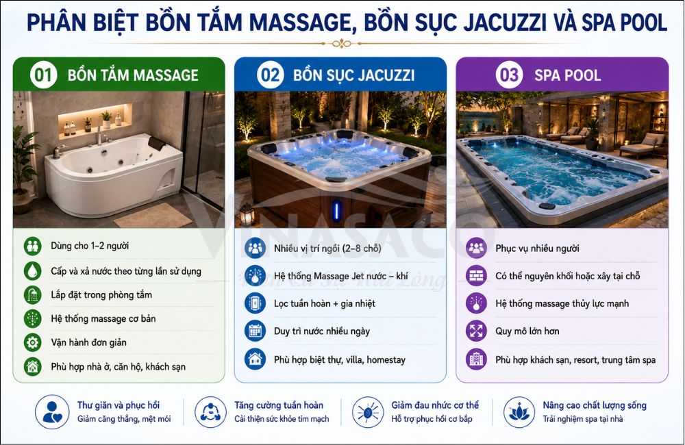 Phân biệt bồn tắm massage, bồn sục Jacuzzi và Spa Pool