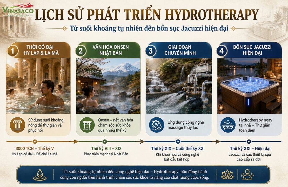 Lịch sử phát triển Hydrotherapy từ suối khoáng đến bồn sục Jacuzzi