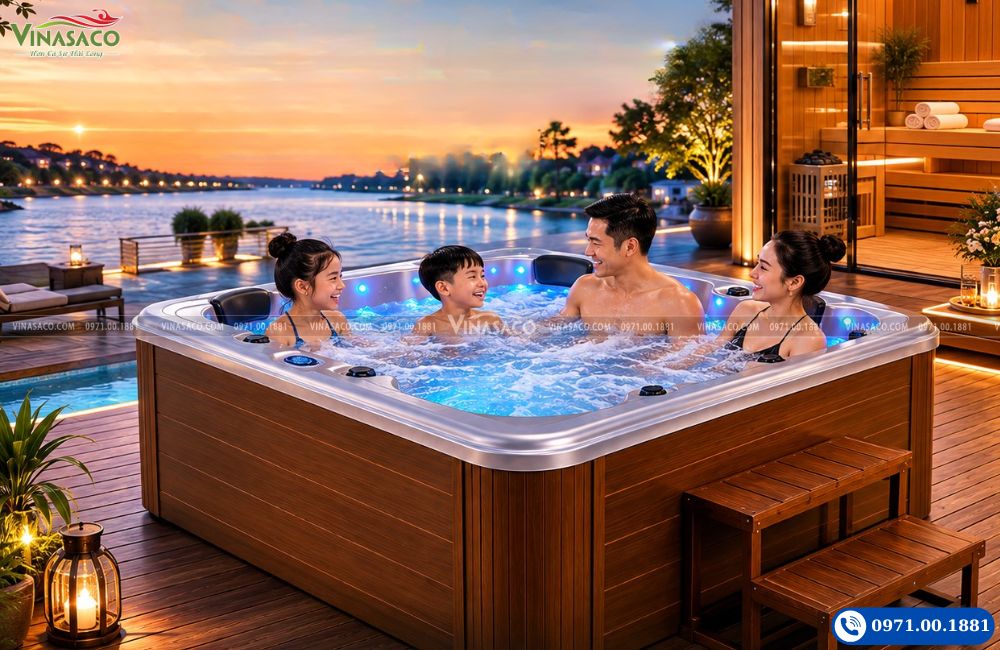 Gia đình thư giãn cùng bồn sục Jacuzzi ngoài trời