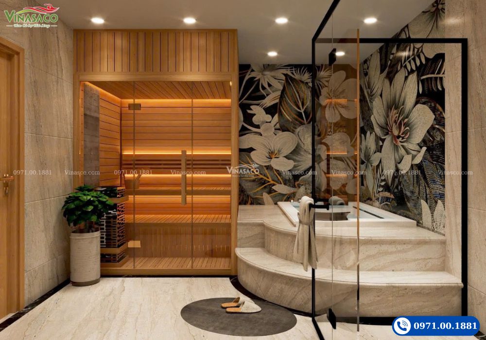 mẫu thiết kế phòng xông hơi đẹp cho gia đình Vinasaco – sauna cạnh bồn tắm phong cách spa