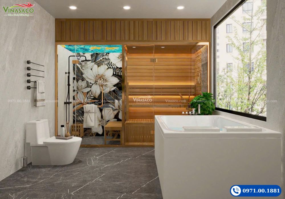 mẫu thiết kế phòng xông hơi đẹp cho gia đình Vinasaco – sauna kính trong, phòng tắm có cửa sổ lớn