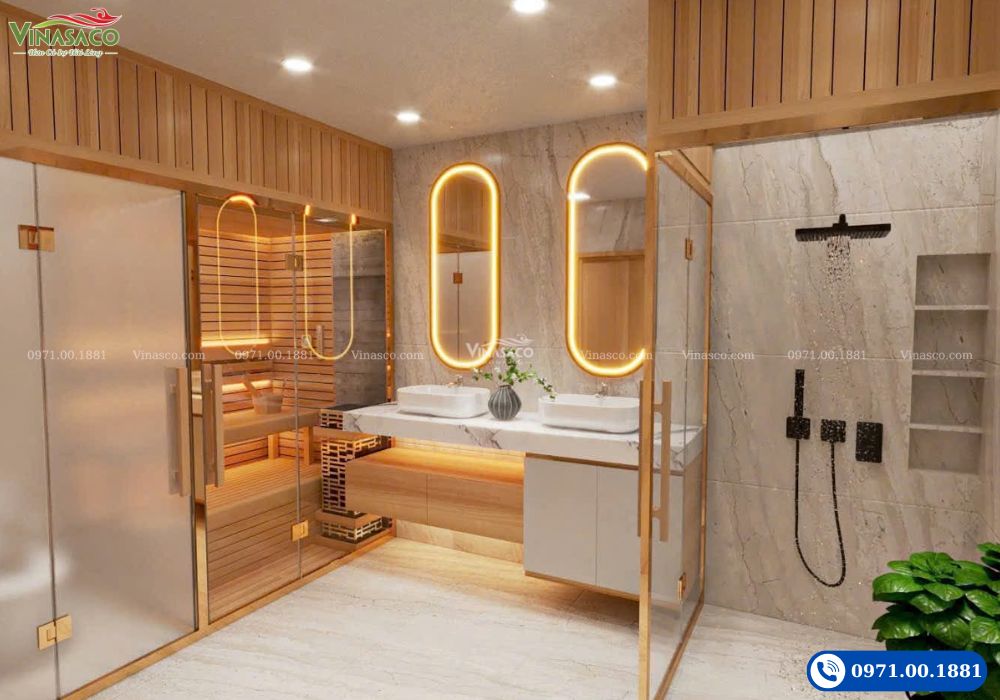 mẫu thiết kế phòng xông hơi đẹp cho gia đình Vinasaco – sauna kính và gương LED tạo mood