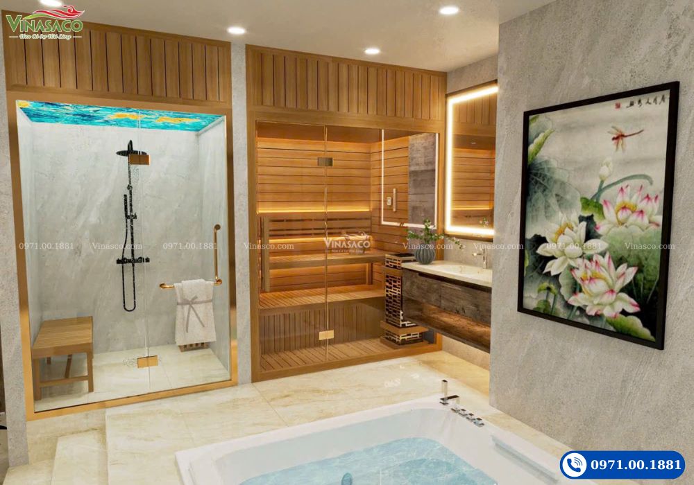 mẫu thiết kế phòng xông hơi đẹp cho gia đình Vinasaco – kết hợp steam và sauna sang trọng