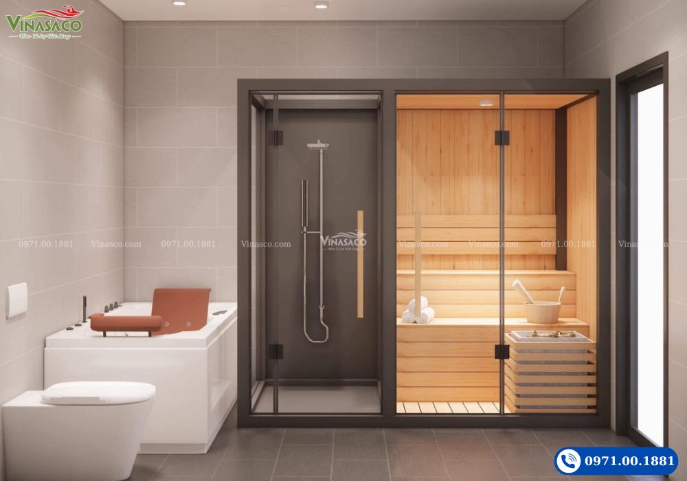 mẫu thiết kế phòng xông hơi đẹp cho spa Vinasaco – steam tối giản và sauna gỗ sáng