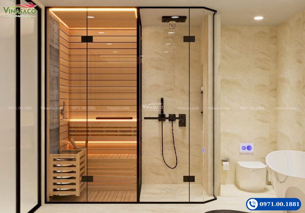 mẫu thiết kế phòng xông hơi đẹp cho gia đình Vinasaco – sauna kính góc tối ưu diện tích