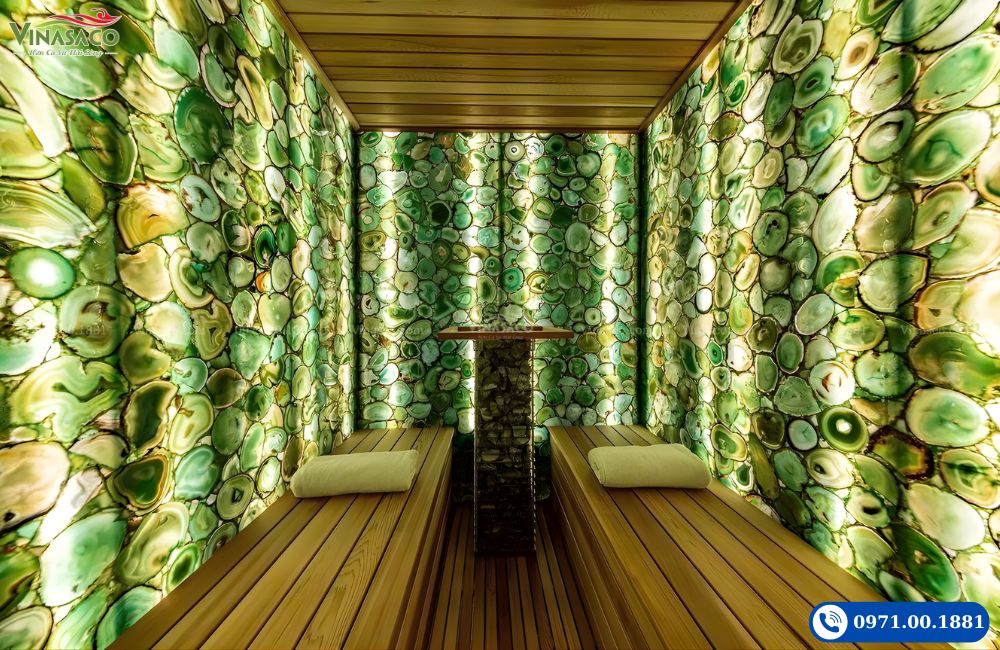 Phòng xông hơi khô cao cấp kết hợp đá Agate xuyên sáng màu xanh luxury