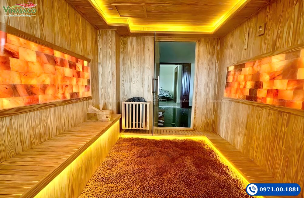 Phòng xông xử dụng gỗ tạo sự sang trọng và ấm cúng